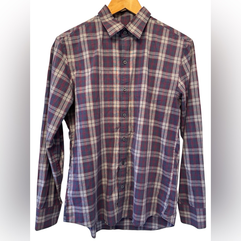Zachary Prell Men’s Red and Blue Plaid Long Sleeve Button Down Shirt - Small